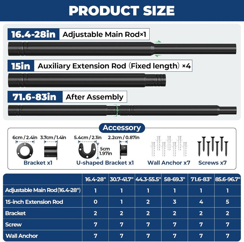 Mavivegue Closet Rod, 17 to 84 Inch Adjustable Closet Rods for Hanging Clothes, Heavy Duty Tension Rod, Black Curtain Rod, for Closet, Wardrobes, Bathroom, Laundry - Image 4